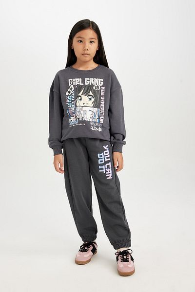 DeFacto Girl's Anthracite Oversize Wide Fit Crew Neck Printed Sweatshirt 3146912