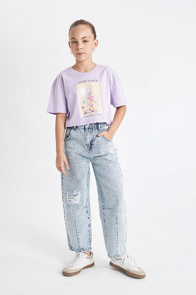 DeFacto Girl - Crop Crew Neck Printed T-Shirt D0869A824HS