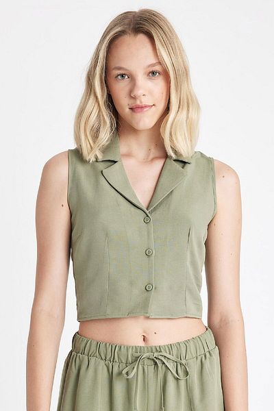 DeFacto Fitted Pajama Collar Linen Blended Sleeveless Shirt A6858Ax24Hs