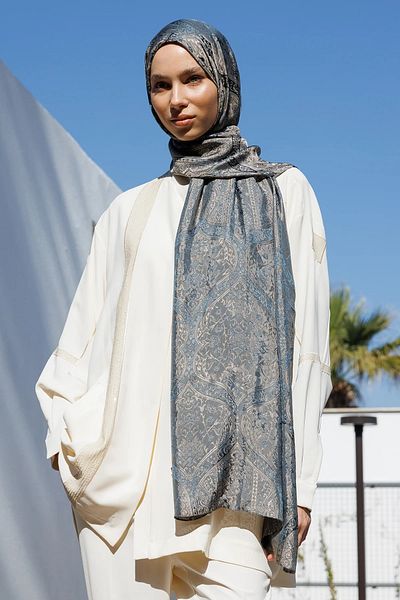 Mooncorn Soler Pattern Shine Line Şal Petrol Albastru-Bej