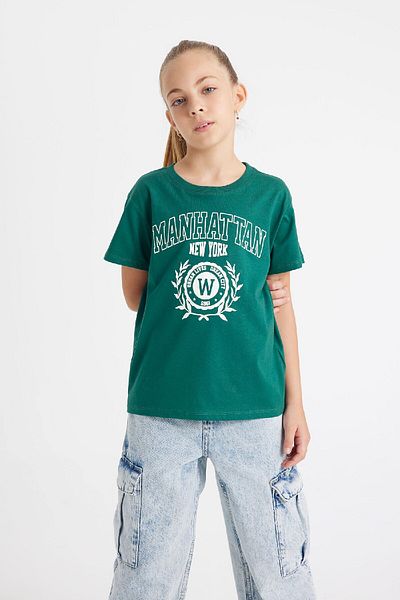 DeFacto Girl's Relax Fit Crew Neck Text Printed Short Sleeve School T-Shirt C7532A824Au