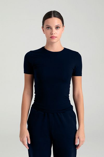 SHEISMONO Ultra Soft Round Neck Short Sleeve Blouse Navy Blue