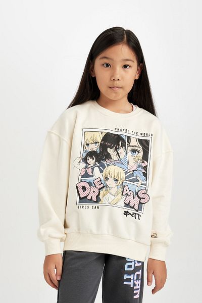 DeFacto Girl's Oversize Wide Fit Crew Neck Printed Sweatshirt 3160094