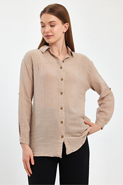 TCT TEKSTİL قميص نسائي - قميص بياقة موسلين وأكمام طويلة (بدون CEPS) - 1150