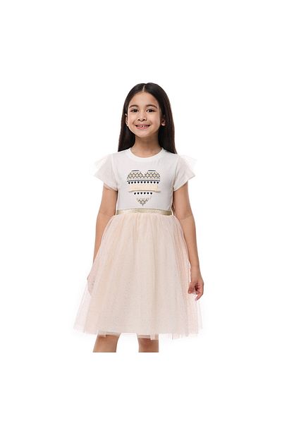 Victor and Jane Girls Ruffle Sleeve Mesh Flounce Party Dress- Off White and Beige
