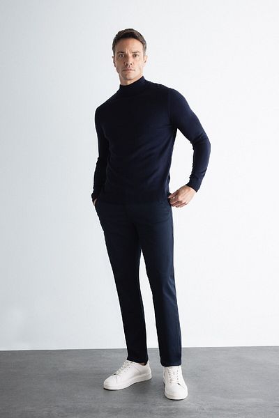 DeFacto Dfc - Ανδρικό Navy Blue Standard Fit 4 τσέπες Βαμβακερό εύκαμπτο παντελόνι Chino ίσιο καμβά