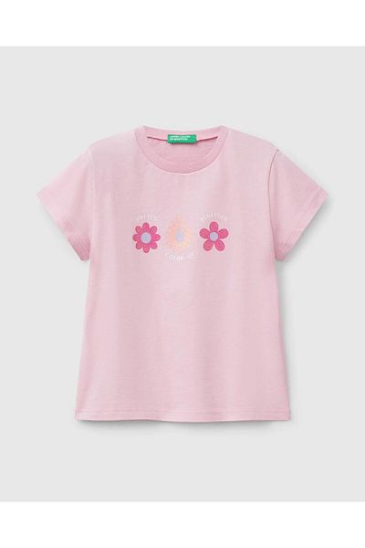 United Colors of Benetton Tricou pentru fetiță, roz cu sclipici, cu sigla Benetton imprimată