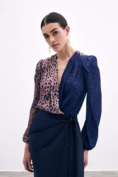 Sateen Double-Breasted Patterned Bodysuit - Camel-Navy Blue