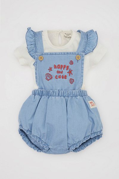 DeFacto 2-teiliges Set für Baby-Mädchen – weich besticktes Kurzarm-T-Shirt und Jeans-Overall D0790a524hs
