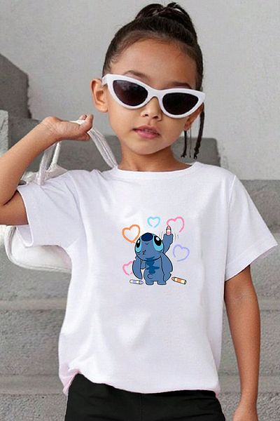 makiteks تيشيرت بناتي مطبوع من عمر 5 إلى 14 سنة من القطن عالي الجودة من Lilo Stitch