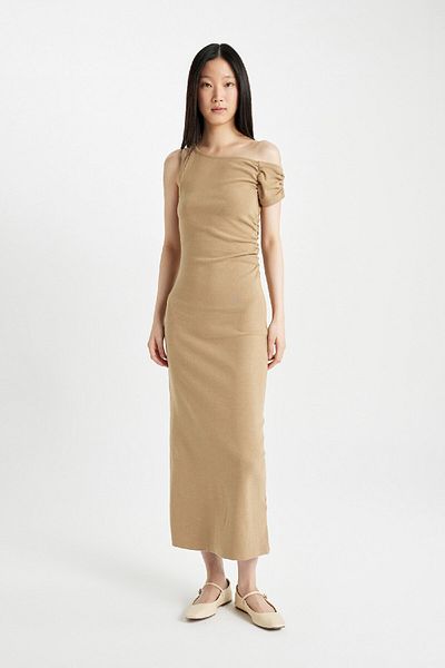 DeFacto One Shoulder Ribbed Midi Dress - Short Sleeve, Bodycon, Camisole D1448Ax24Sm