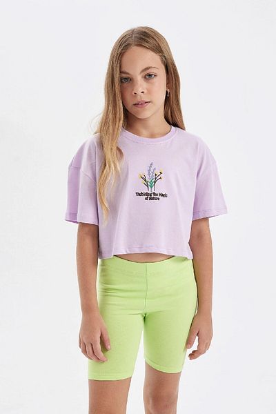 DeFacto Tricou crop cu imprimeu floral pentru fete - Decolteu, mânecă scurtă D1593A824HS