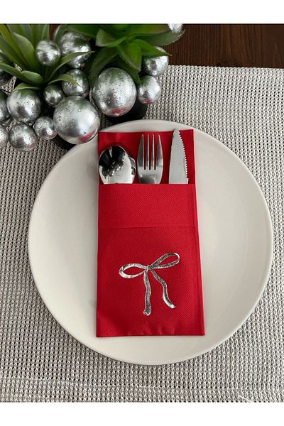 kidspartim Silver Gilded Red Pocket Bow Napkin 12 Pieces
