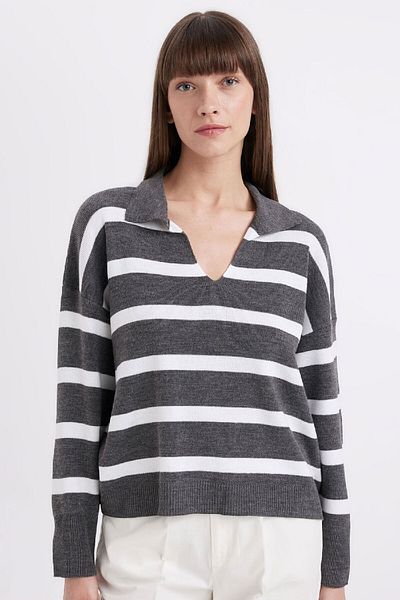 DeFacto Relax Fit Polo Collar Striped Knitwear Sweater A3861Ax24Wn