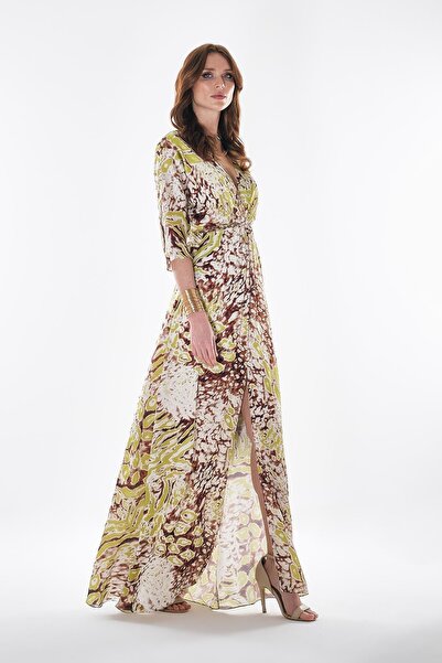 EXPLOSION Desenli Saten Yandan Cepli Elbise