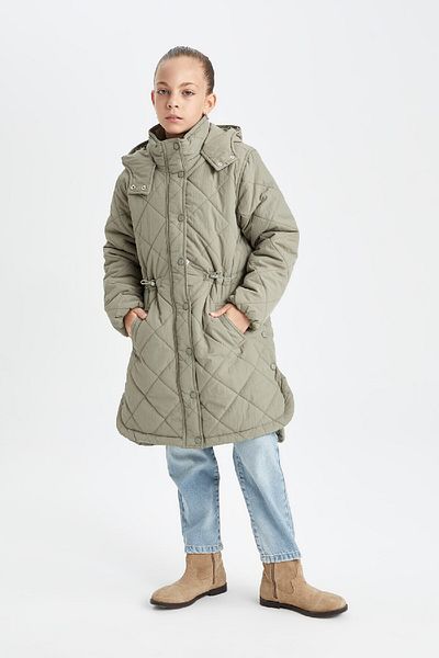 DeFacto Girl's Water Repellent Hooded Zippered Long Coat Parka with Snap Fastener Pockets C8974A824Au