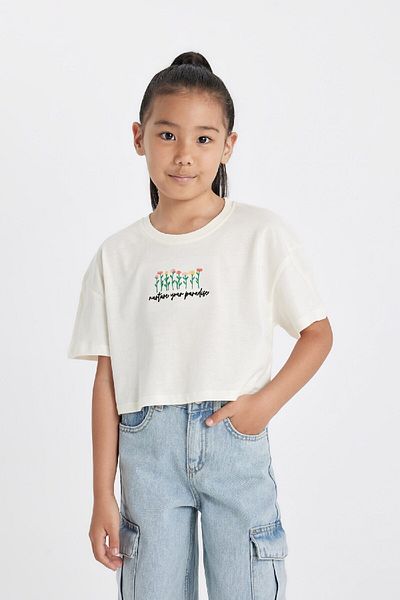 DeFacto Girls Floral Print Crop T-Shirt - Crew Neck, Short Sleeve D1593A824HS