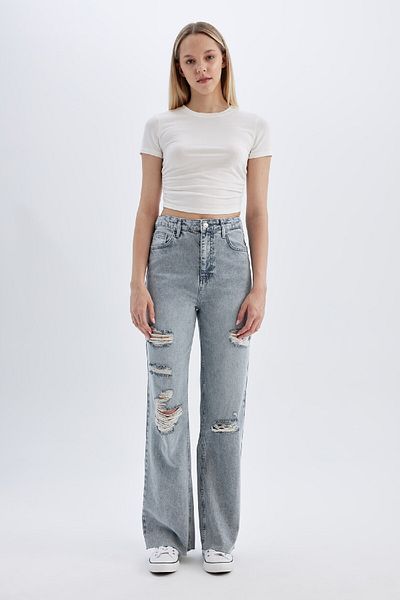 DeFacto 90er-Jahre-Hose mit weitem Bein, zerrissenen Details, hoher Taille, lange Jeans, gewaschen, C8606ax24hs