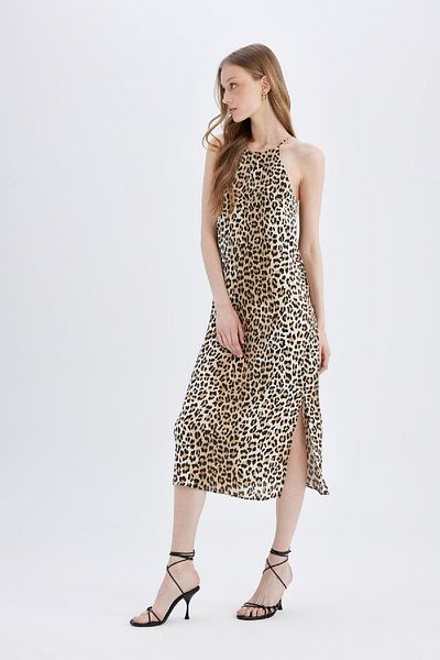 DeFacto Satin Maxi Dress - Halter Neck, Leopard Print and Slit D1165AX24SM