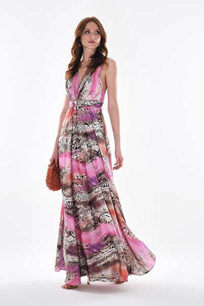 EXPLOSION Desenli Saten Beli Gold Taşlı Aksesuarlı Elbise