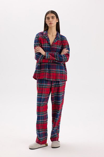 DeFacto Stretch Fit - Plaids Flannel Pajamas Set with Long Sleeves and Waisted Long Bottom V4015Az24Wn