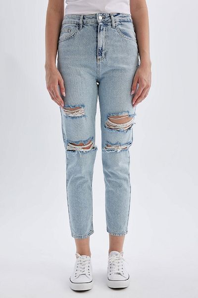 DeFacto Lina Mom Fit, zerrissene, detaillierte, hohe Taille, bequeme Passform, leicht, schmales Bein, knöchellange Jeans, gewaschene Hose C