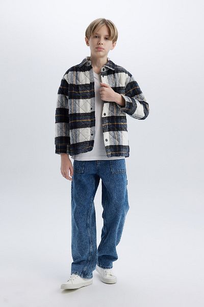 DeFacto Boys Flannel Polo Neck Shirt Jacket - Wide Fit, Long Sleeve, Snap Closure C6631A825S
