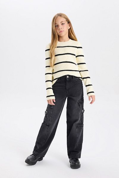 DeFacto Girl's Ecru Striped Fitted Crew Neck Knitwear Sweater D1392A824Wn