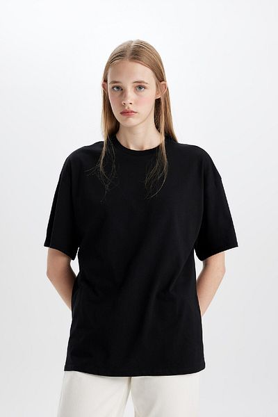 DeFacto Oversize Wide Fit Crew Neck Basic Plain Short Sleeve Black T-Shirt V4136Azns