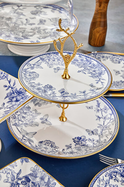 Mabeyn 13 Parça Beyaz Gold Mavi Pasta Servis Sunum Tabağı Takımı Seti