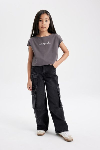 DeFacto Girl's Printed Crop Short Sleeve T-Shirt D1709A824SM