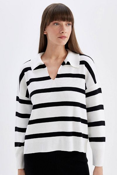 DeFacto Relax Fit Polo Collar Striped Knitwear Sweater A3861Ax24Wn