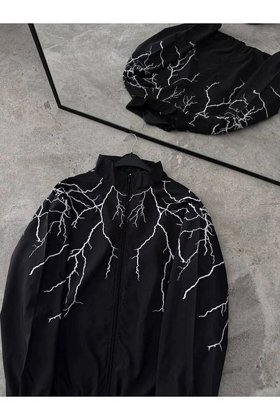 Lushen Y2k Lightning Printed Oversize Αλεξίπτωτο Unisex Αδιάβροχο Ανεμοδαρικό μπουφάν