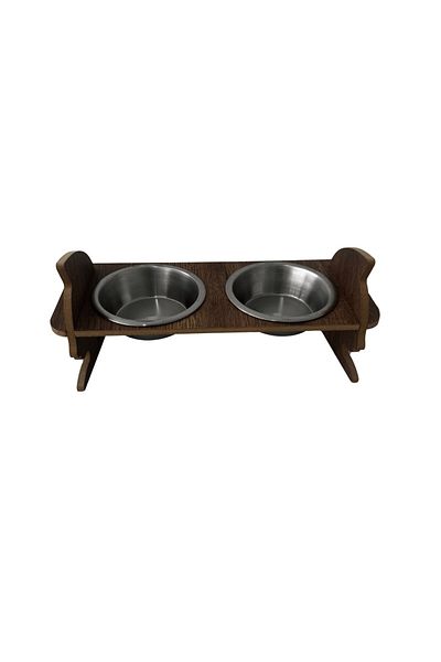 SENNEDİLERSEN Brown Wooden Disassembled Two Steel Rhinestone Cat Food and Water Bowl