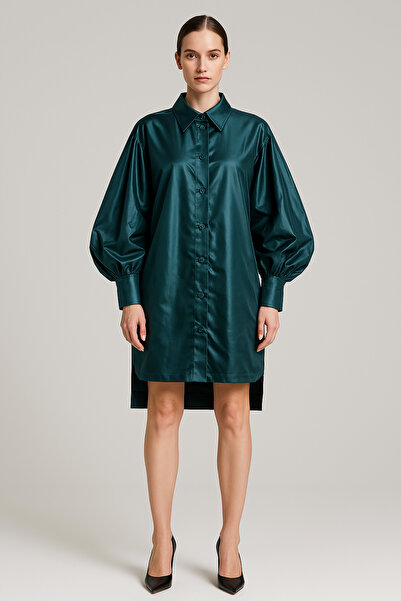 MERT ERKAN Çelik Mavi Önü Kısa Arkası Uzun Balon Kollu İpek Tafta Tunik