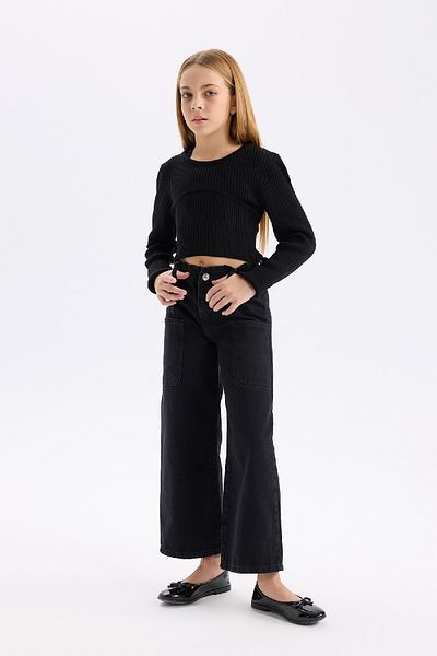 DeFacto Tricotaj pentru fete cu decolteu triplu Pulover negru D1393a824wn