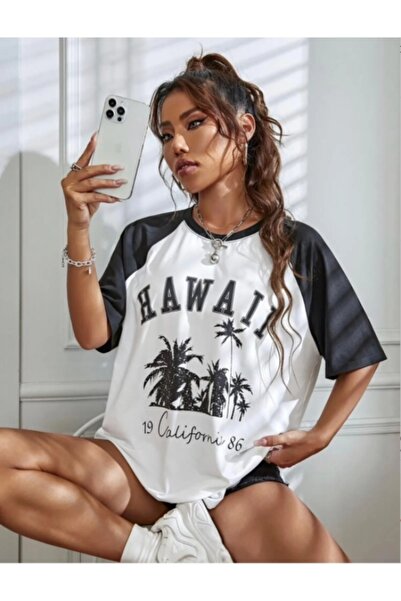 MOONBULL Kadın HAWAII Baskılı Reglan Kol Oversize T-shirt