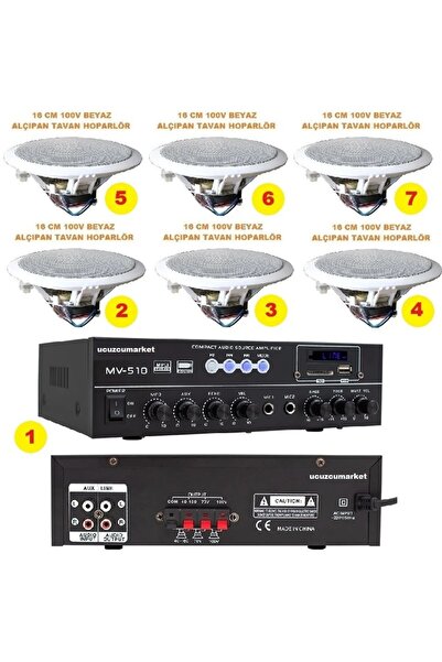 Uygun Tavan Hoparlör Seti (1 Adet Amfi + 6 Adet 100V 13 cm )
