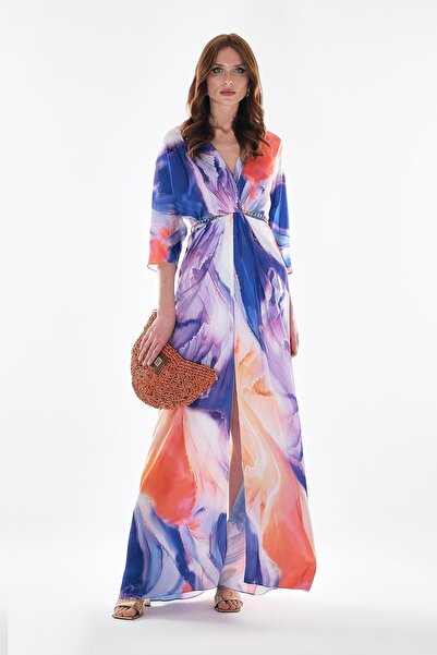 EXPLOSION Büyük Beden Saten Desenli Zincir Kemerli Yırtmaçlı Yandan Cepli Mak...