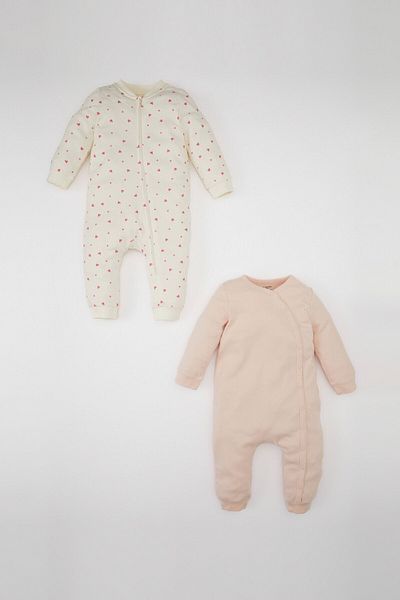 DeFacto Baby Girl Newborn Zippered Heart Patterned Long Sleeve 2-Piece Jumpsuit D1681A524Au