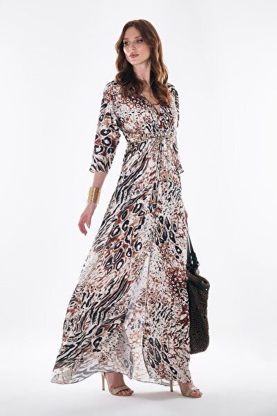 EXPLOSION Desenli Saten Yandan Cepli Elbise