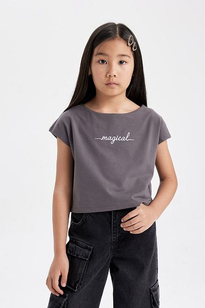 DeFacto Girl's Printed Crop Short Sleeve T-Shirt D1709A824SM
