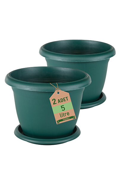 ToXA 2li Villa Saksı Seti 5 Litre Yeşil 25cm Drenajlı Tabaklı Mat Plastik Yuvarlak Saksı