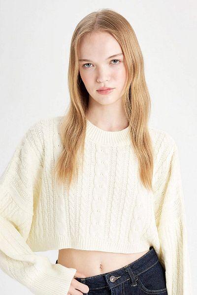 DeFacto Crop-Strickpullover mit geflochtenem Haar und Rundhalsausschnitt – reguläre Passform T4518az24wn