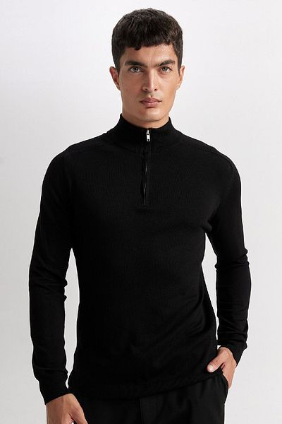 DeFacto Blue Standard Fit Regular Cut Half Neck Half Zipper Knitwear Sweater D0624Ax24Au