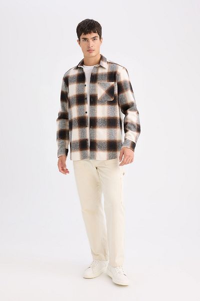 DeFacto Regular Fit Polo-Kragen kariertes Flanell-Langarmhemd D2320ax24au