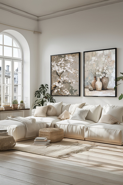 STARYUNA Yağlı boya efektli çiçekli siyah ahşap çerçeveli 2'li bej tonlu tablo seti Yuna170