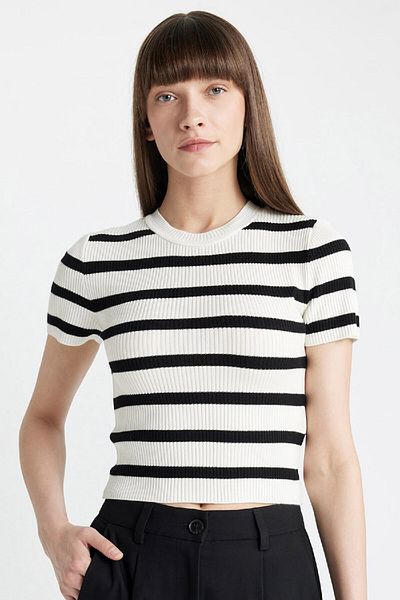 DeFacto Crop Crew Neck Striped Short Sleeve Knitwear Sweater C8743Ax24Au