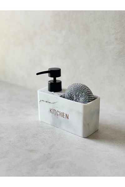 Dekorzdükkan Marble Patterned Polyresin Soap Dispenser and Sponge (Kıtchen Printed)