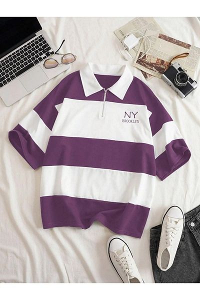 thefun fashion Unisex Purple Striped Ny Printed Zippered Polo Neck Oversize T-Shirt